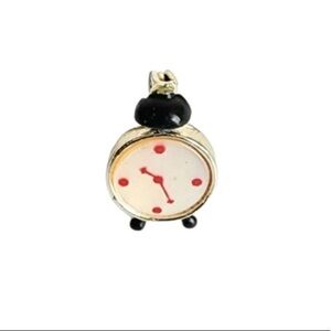 Vintage Tiny Alarm Clock Brooch Small Scatter Pin Gold Tone Black White Red